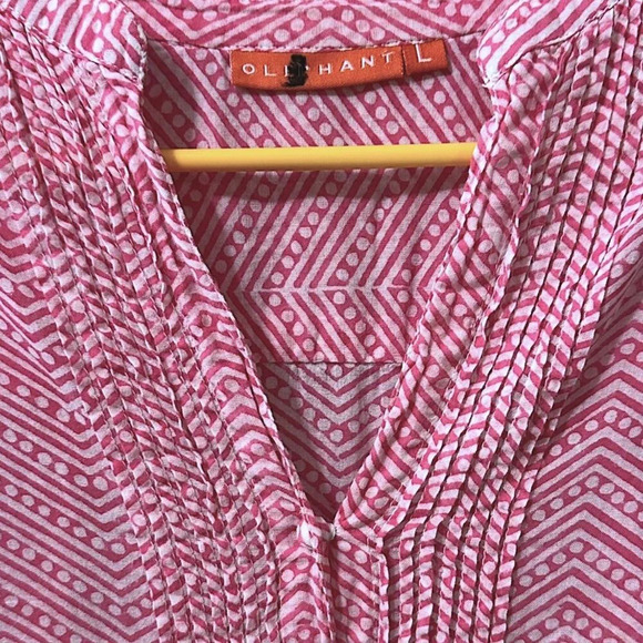 Oliphant Pintuck Tunic Blouse Womens L Pink & White Geometric Pattern 3/4 Sleeve - Picture 9 of 12